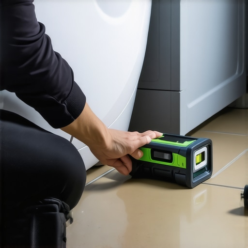 Close-up of leveling a washing machine with a spirit level and hand adjustment