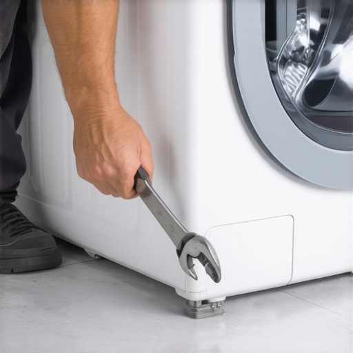 A wrench tightening the adjustable leg of a front-load washing machine to stop floor vibration.