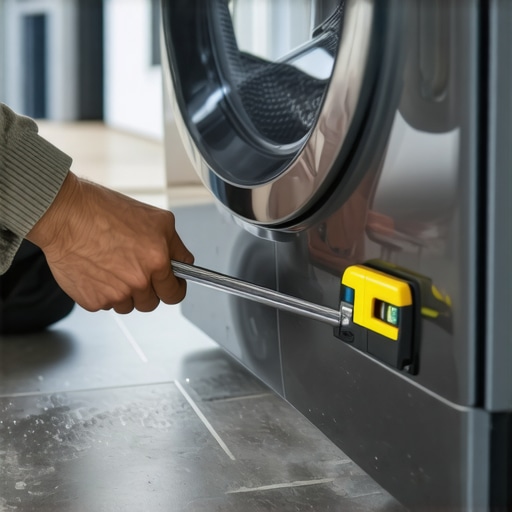 Hands using a wrench to level a washing machine on tile floor.