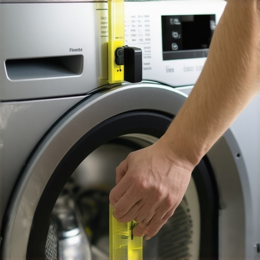 Hand turning the adjustable foot of a washing machine to level it on a tile floor.