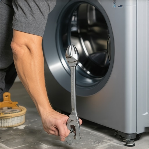 Hands using a wrench to level a washing machine leg on a ceramic tile floor