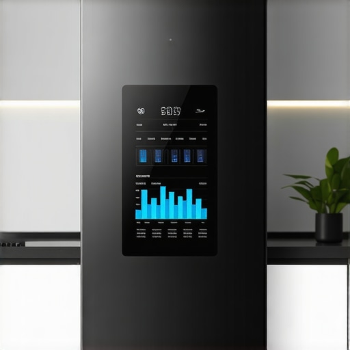 A smart refrigerator displaying data usage and energy efficiency statistics on a touchscreen.