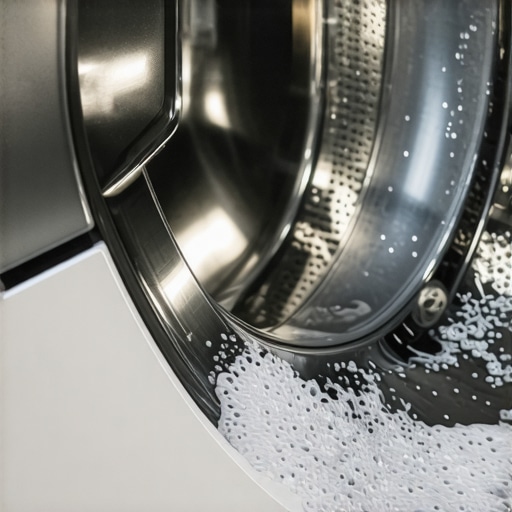 Biofilm buildup in a high-efficiency washing machine gasket Close-up of mold and soap residue on a washing machine rubber seal due to excess detergent use.