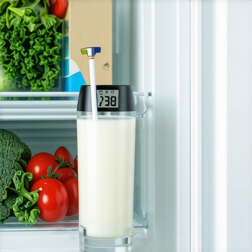Calibrating Refrigerator Temperature with a Thermometer A digital thermometer in a glass of water on a fridge shelf to calibrate the cooling settings.