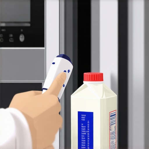 Hands holding a digital thermometer inside a fridge for maintenance.