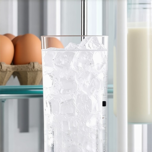 A digital thermometer in a glass of ice water inside a refrigerator to test accuracy.