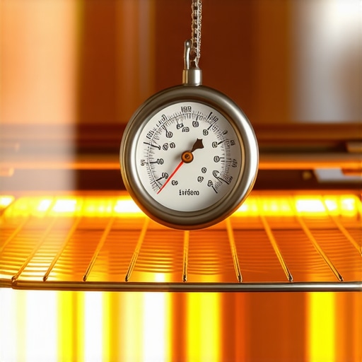 Calibrating a smart oven with a manual thermometer A manual oven thermometer used to verify the accuracy of a smart oven's internal temperature.