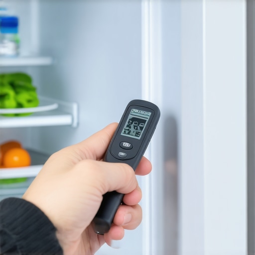 Calibrating refrigerator temperature for food safety Person checking refrigerator internal temperature with a digital thermometer