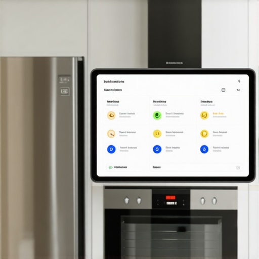 Centralized Smart Kitchen Hub Display A wall-mounted tablet acting as a central hub for smart kitchen appliances like fridges and dishwashers.