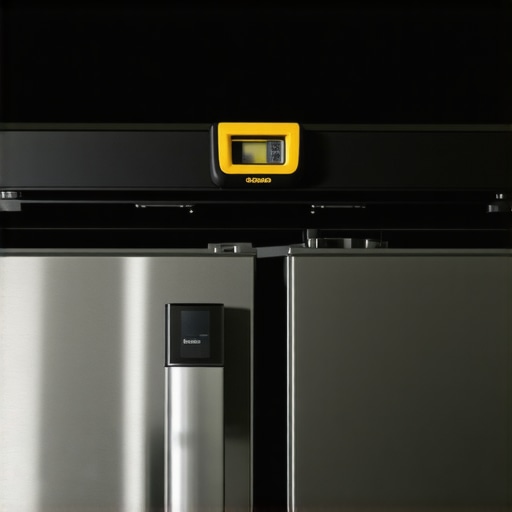 A professional carpenter's level placed on top of a stainless steel refrigerator to check the rearward tilt.