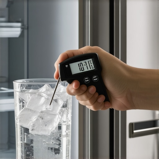 Checking Refrigerator Temperature Accuracy A digital thermometer measuring water temperature in a refrigerator to ensure ice freshness.