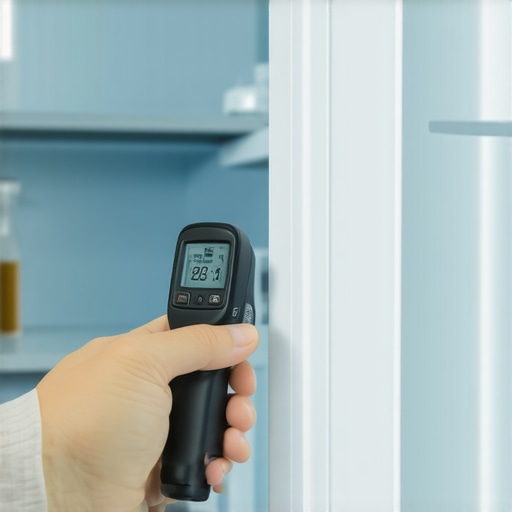 Checking Refrigerator Temperature with Infrared Thermometer Close-up of an infrared thermometer being used inside a stainless steel refrigerator to verify cooling efficiency.