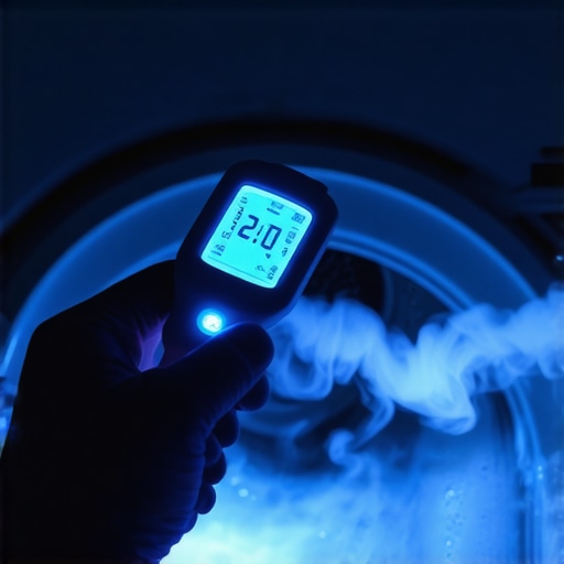 Checking Steam Cycle Temperature A hand holding a digital thermometer inside a washing machine to verify steam heat levels.