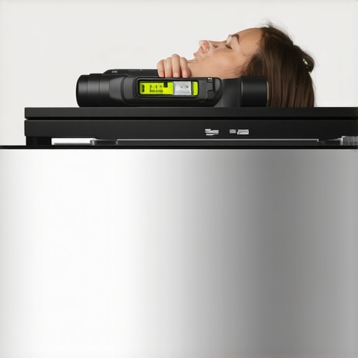 Close-up of a spirit level on a refrigerator indicating a slight backward lean for proper door closing.