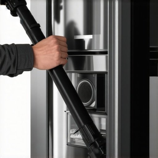 A person using a vacuum attachment to clean dust from refrigerator coils to improve energy efficiency.