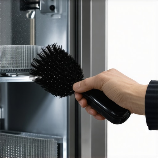 Cleaning Refrigerator Coils for Better Efficiency Close up of a hand using a coil brush to clean the back of a refrigerator.