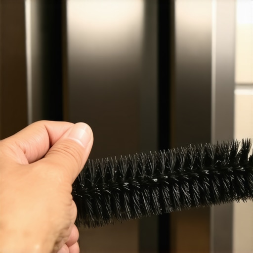 A hand using a specialized brush to clean dust from under a refrigerator.