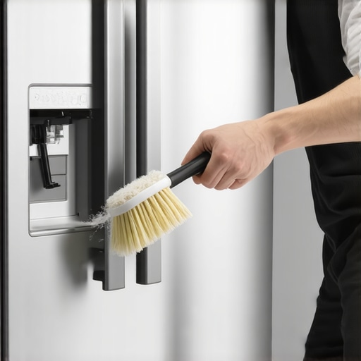 Cleaning Refrigerator Coils for Better Efficiency Close-up of a person cleaning refrigerator coils with a brush