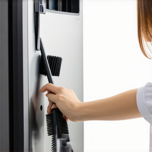 Cleaning Refrigerator Coils for Better Efficiency Man using a specialized coil brush to remove dust from the back of a mini fridge.