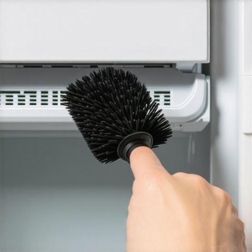 Cleaning Refrigerator Coils in Small Spaces A person cleaning the condenser coils of a small refrigerator with a specialized brush to improve efficiency.