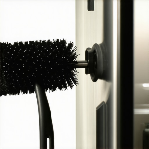 A person cleaning dusty coils under a refrigerator using a specialized flexible brush.