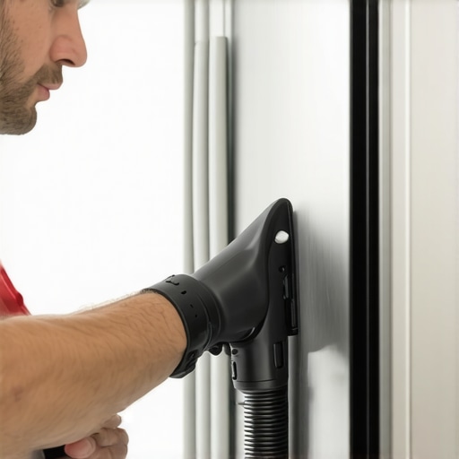Cleaning Refrigerator Coils with a Flexible Tool A person using a specialized vacuum attachment to clean dust from under a refrigerator grille.