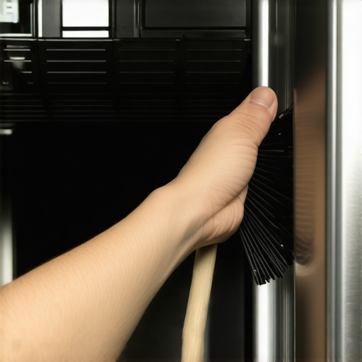 A homeowner cleaning dust from the coils under a refrigerator to improve energy efficiency.