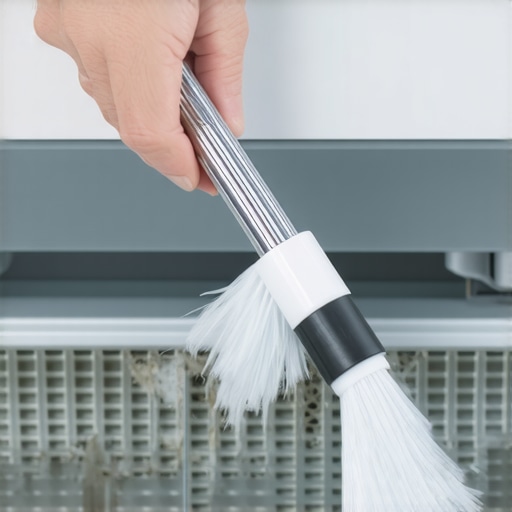 A person using a flexible tool to remove dust from refrigerator condenser coils for better efficiency.
