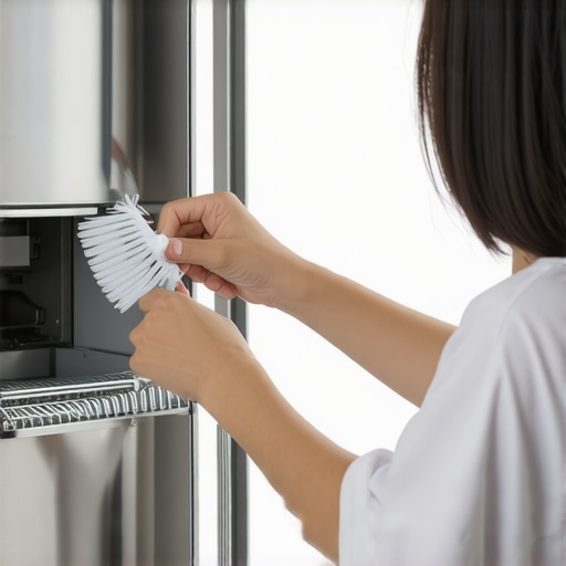 Man using specialized brush to clean dust from refrigerator coils for better efficiency