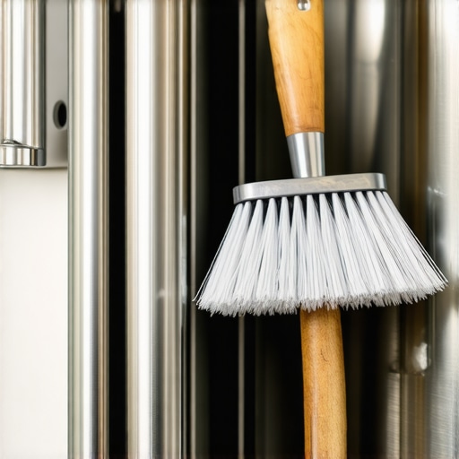 Cleaning Refrigerator Condenser Coils A hand using a specialized brush to clean dust from refrigerator condenser coils for better efficiency.