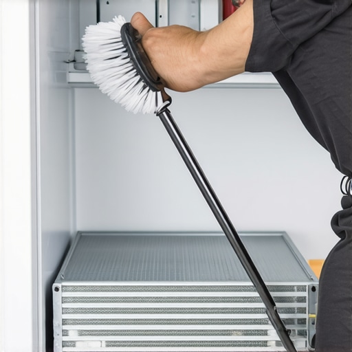 Cleaning Refrigerator Condenser Coils A person using a specialized brush to remove dust from the bottom of a refrigerator to improve efficiency.