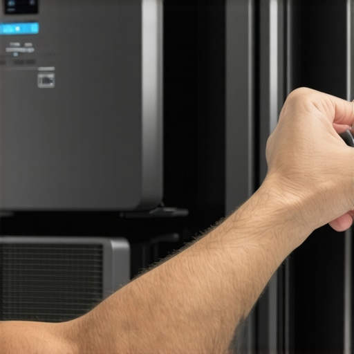Cleaning Refrigerator Condenser Coils A person maintaining a refrigerator by cleaning the coils with a specialized brush.