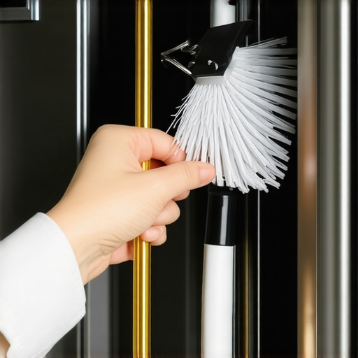 Condenser coil brush removing dust from the back of a fridge