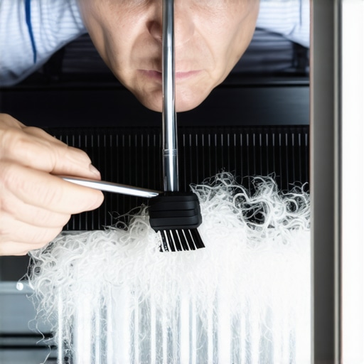 Cleaning Refrigerator Condenser Coils A person cleaning dust from refrigerator coils with a long brush for better efficiency.