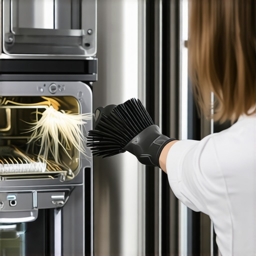 Cleaning Refrigerator Condenser Coils Hands using a coil brush to remove dust from the back of a refrigerator to improve efficiency.
