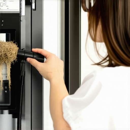Cleaning Refrigerator Condenser Coils A person vacuuming dust and pet hair from refrigerator coils to improve compressor efficiency.