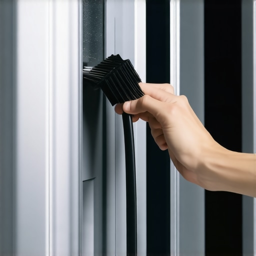 Cleaning Refrigerator Condenser Coils Person using a flexible brush to clean dust from refrigerator coils for better efficiency.