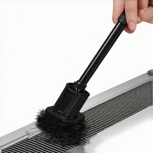 Cleaning Refrigerator Condenser Coils A hand using a specialized brush to clean dust from refrigerator coils for better efficiency.