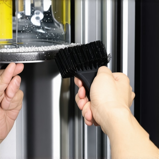 Cleaning Refrigerator Condenser Coils A person using a specialized brush to clean dust from the condenser coils of a modern refrigerator.