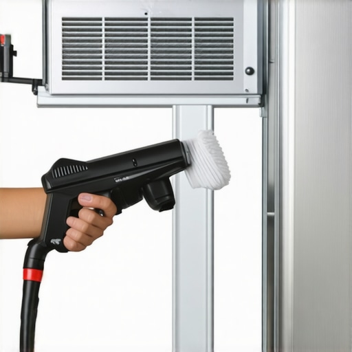 Cleaning Refrigerator Condenser Coils A close up of someone vacuuming dust from the bottom coils of a modern refrigerator for maintenance.