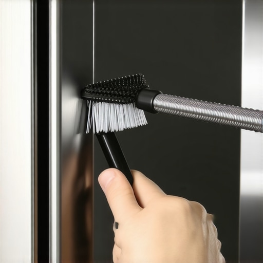 Cleaning Refrigerator Condenser Coils A hand using a specialized brush to remove dust from under a refrigerator to improve efficiency.