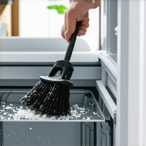 Manually cleaning dust from refrigerator coils with a specialized brush.