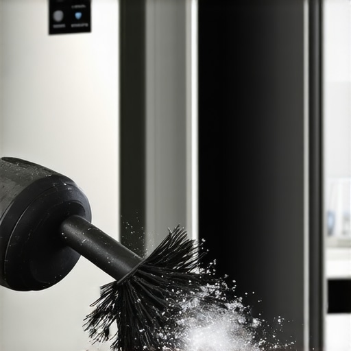 A person cleaning dust from under a refrigerator with a specialized coil brush.