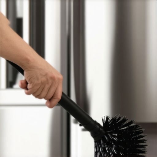 Cleaning Refrigerator Condenser Coils with Specialized Brush A homeowner cleaning dust from underneath a refrigerator using a long flexible coil brush.