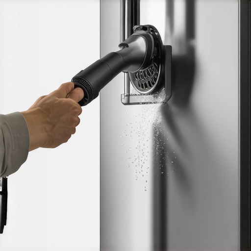 Person vacuuming dust from a smart refrigerator condenser to maintain efficiency.