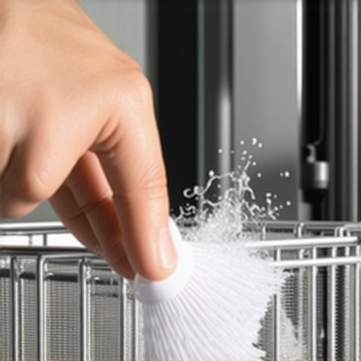 Cleaning a Dishwasher Filter Close up of a hand cleaning a smart dishwasher mesh filter to prevent clogs.
