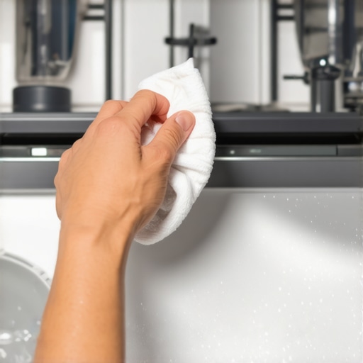Cleaning a Dishwasher Gasket with a Microfiber Cloth Close-up of a hand cleaning a dishwasher door seal with a soft cloth.