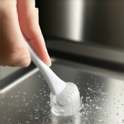 Cleaning a Smart Dishwasher Sensor A person cleaning a high-tech turbidity sensor inside a dishwasher with a toothbrush.