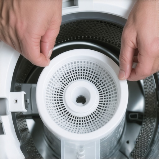 Cleaning a Washing Machine Debris Filter Hands removing a debris filter from a washing machine for maintenance.