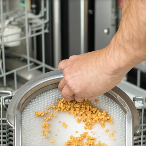 Cleaning a dishwasher drain filter. Removing a dirty dishwasher filter for cleaning.